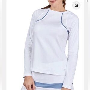Sofibella Long Sleeve Tennis Top in White with Blue Trim Size Medium